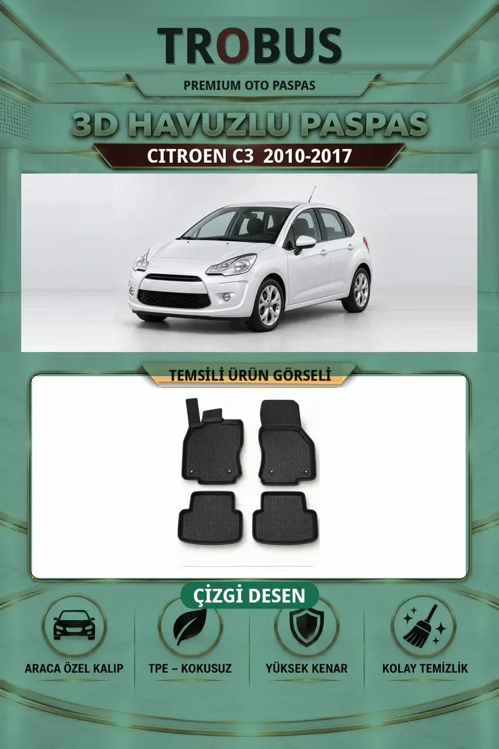 Citroen C3 2010-2017 Çizgi Desen 3D Havuzlu Paspas Takımı