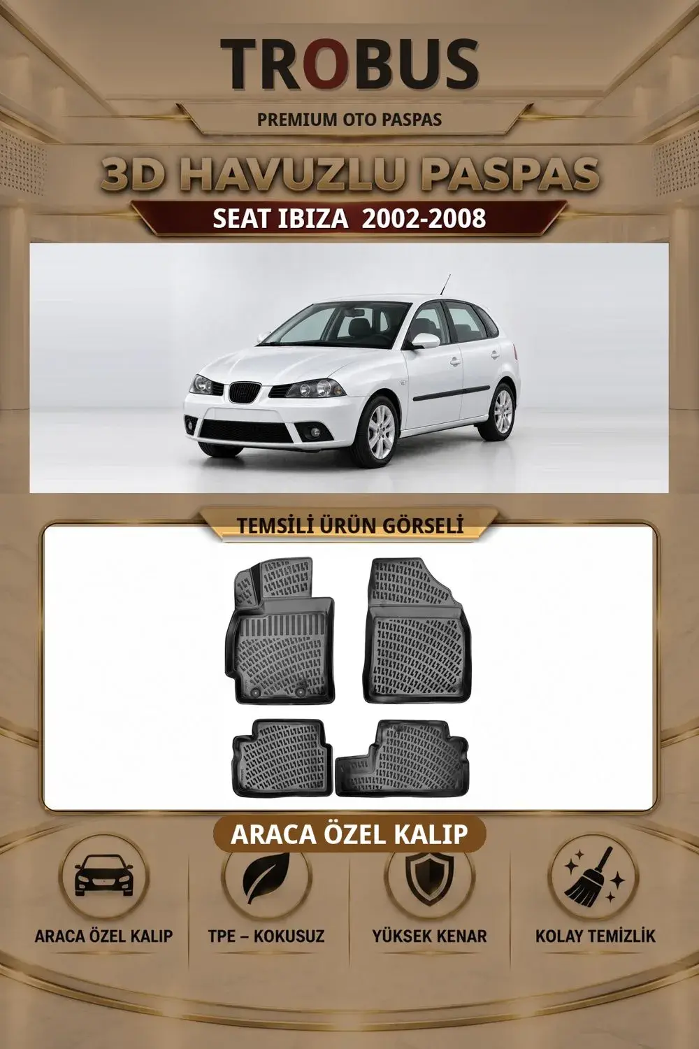 Seat Ibiza 2002-2008 Araca Özel 3D Havuzlu Paspas Siyah - Sahler