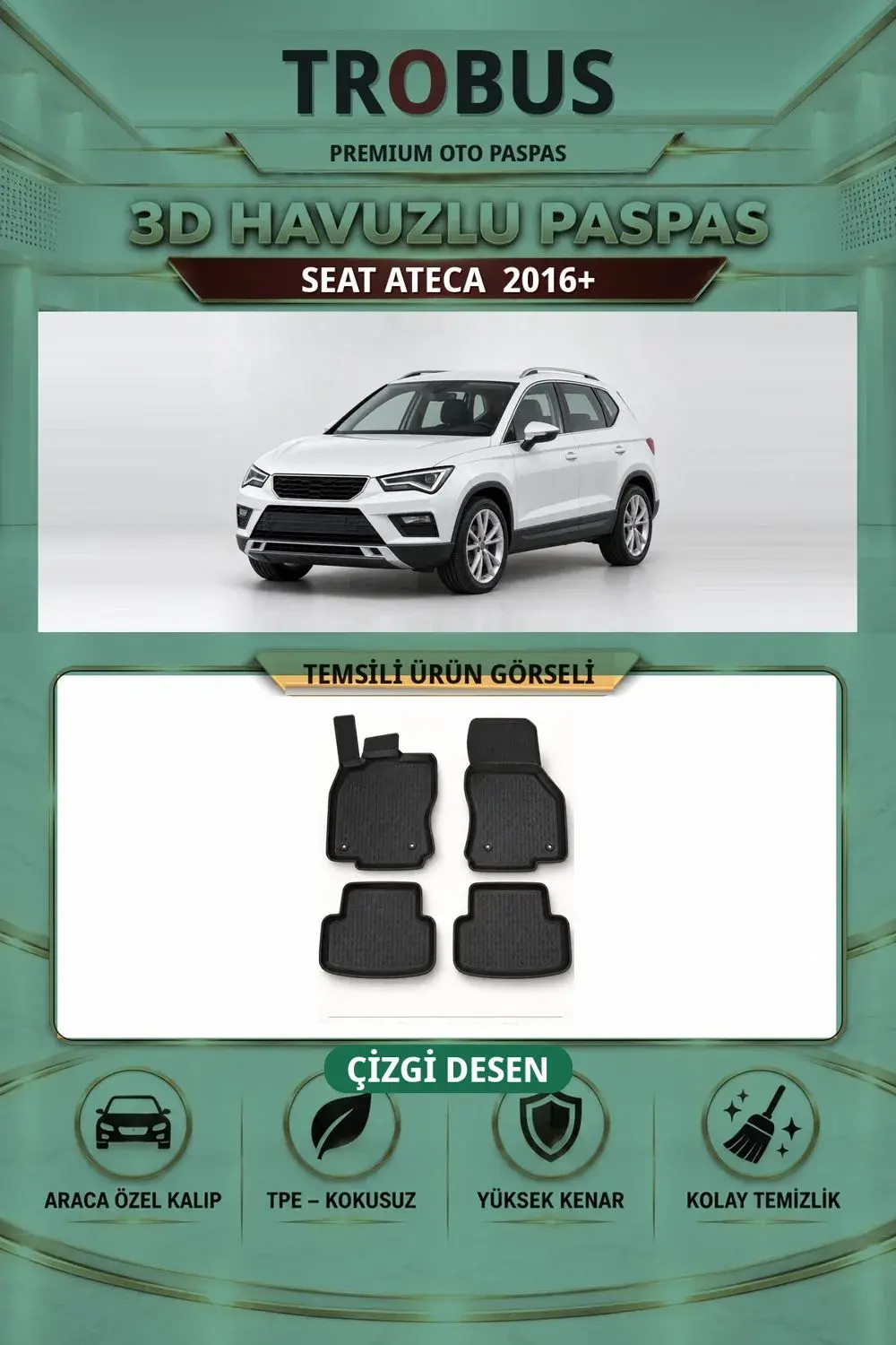 Seat Ateca 2016+ Çizgi Desen 3D Havuzlu Paspas Takımı