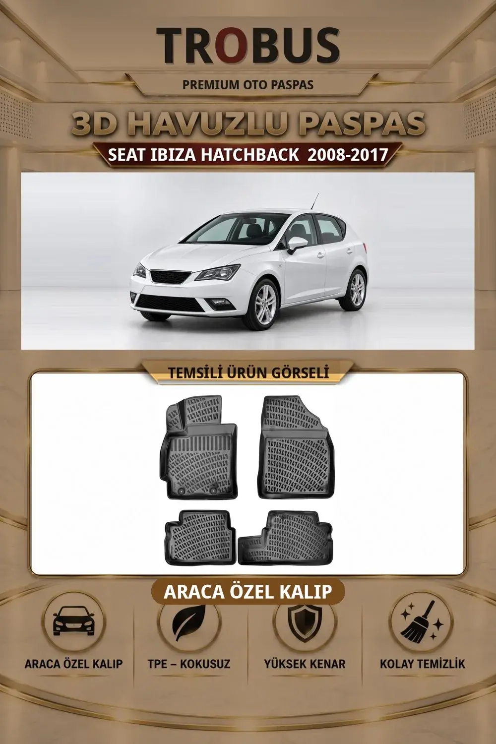 Seat Ibiza Hatchback 2008-2017 Araca Özel 3D Havuzlu Paspas Siyah - Sahler
