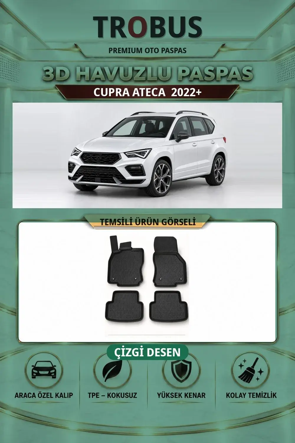 Cupra Ateca 2022+ Çizgi Desen 3D Havuzlu Paspas Takımı