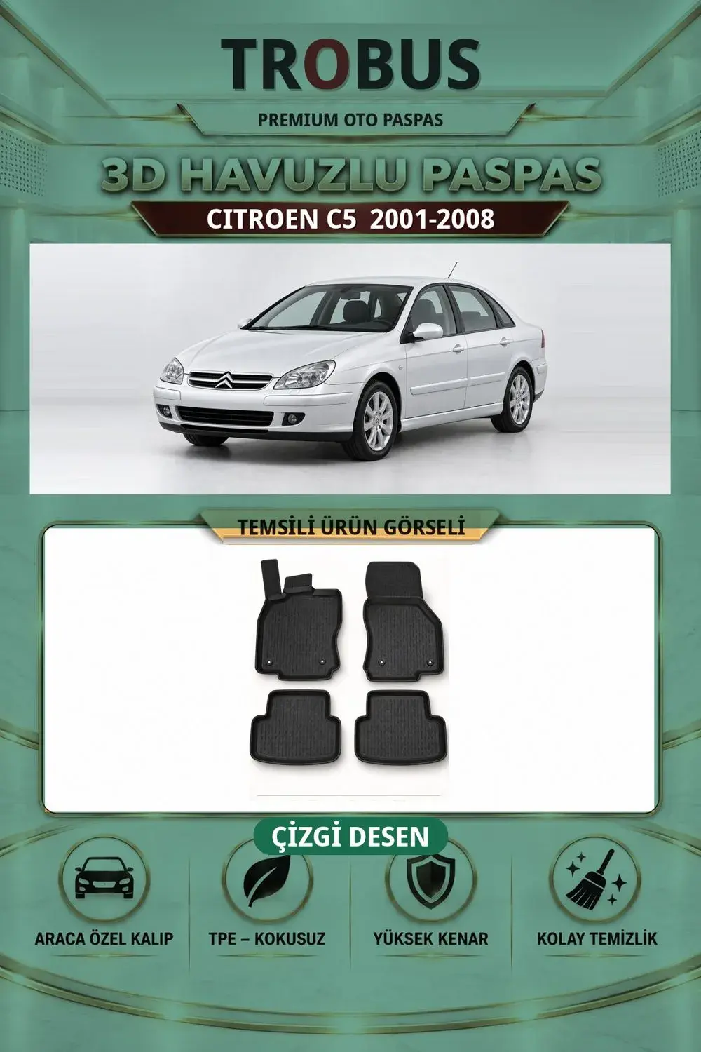 Citroen C5 2001-2008 Çizgi Desen 3D Havuzlu Paspas Takımı