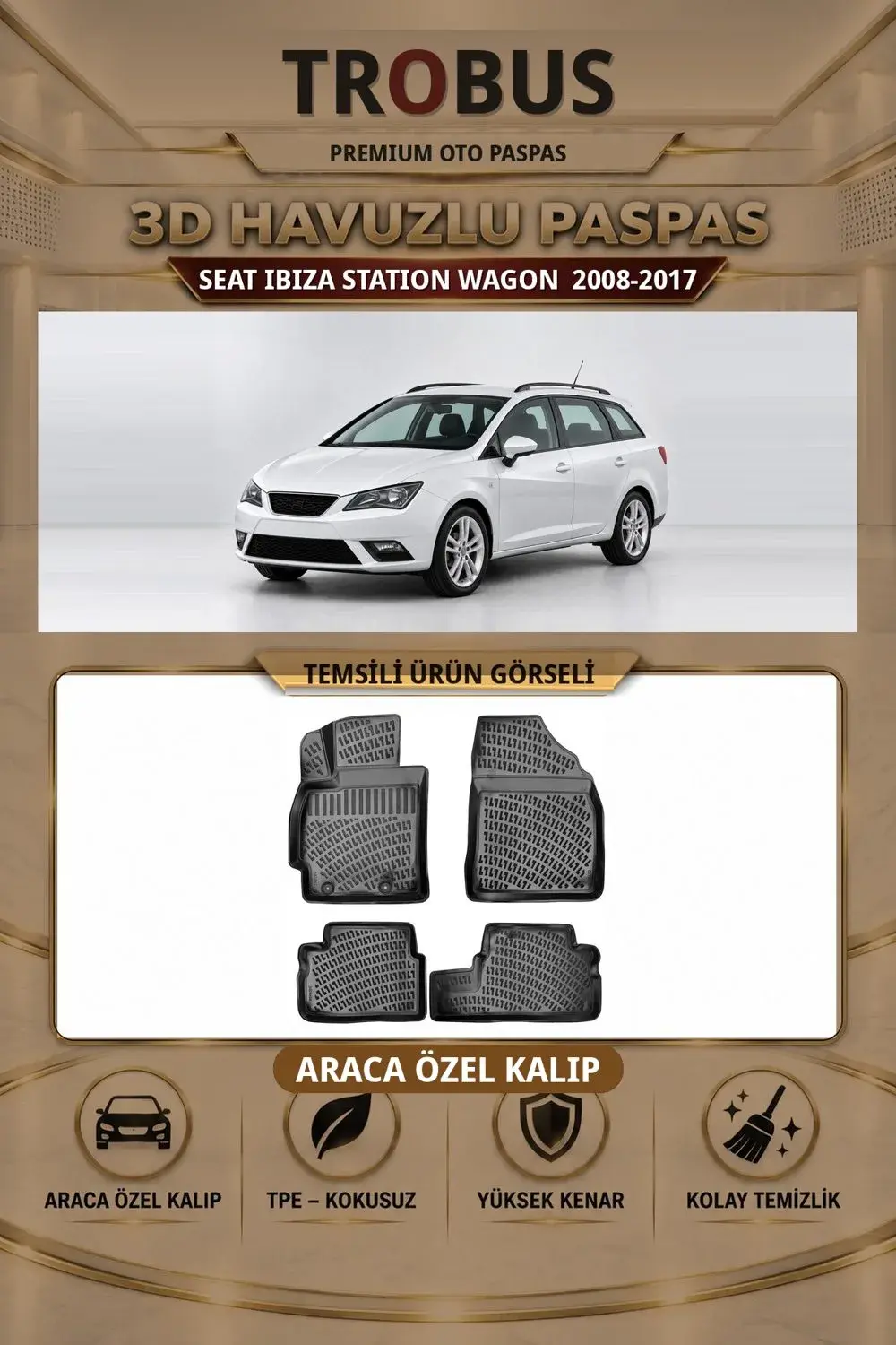 Seat Ibiza Station Wagon 2008-2017 Araca Özel 3D Havuzlu Paspas Siyah - Sahler