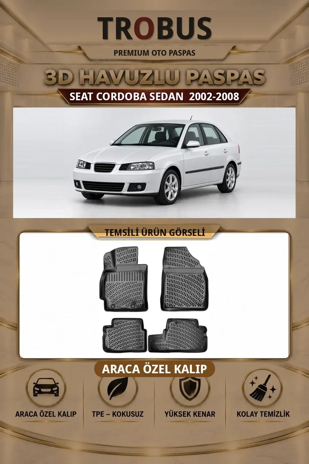 Seat Cordoba 2002-2008 Sedan Araca Özel 3D Havuzlu Paspas Siyah - Sahler