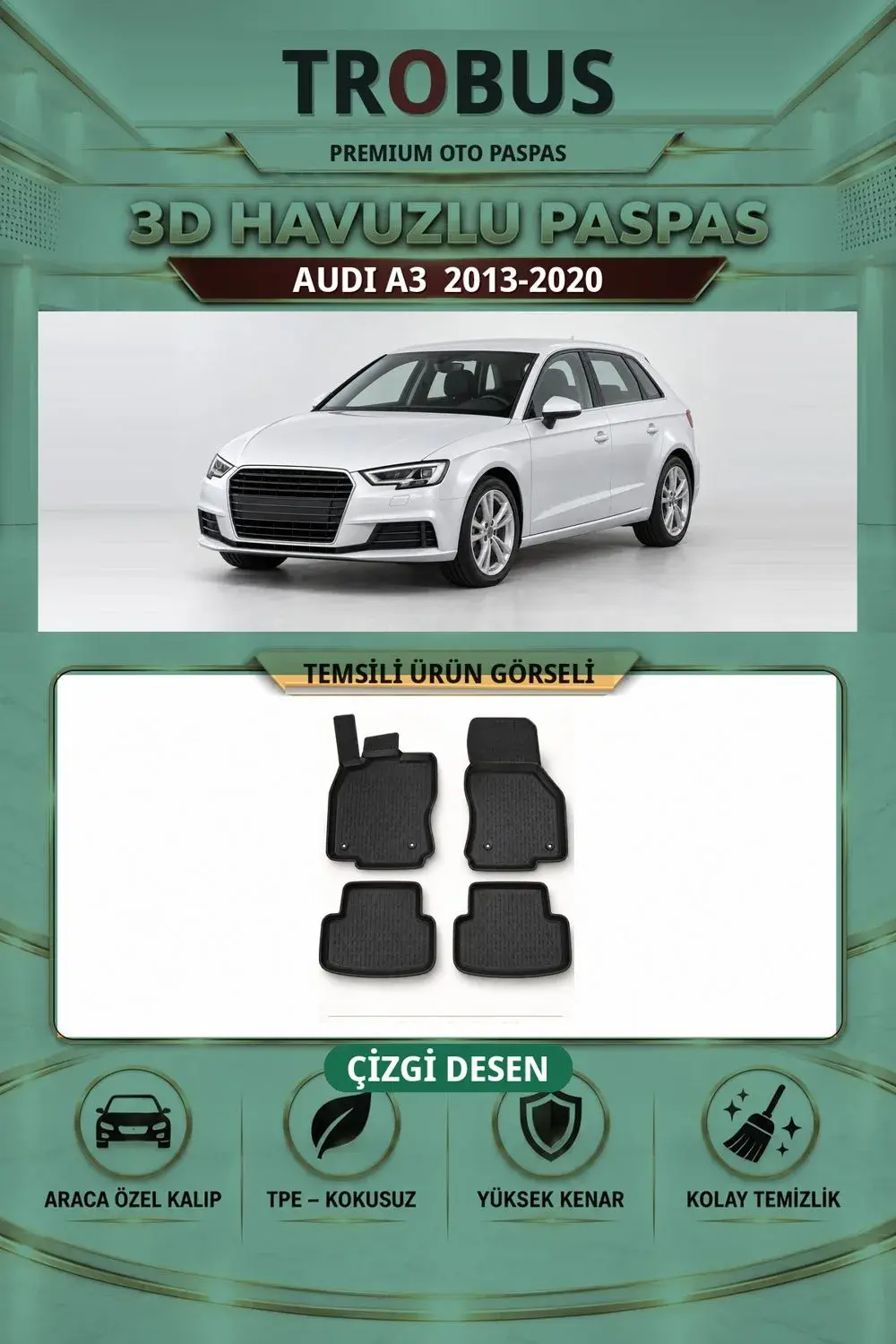 Audi A3 2013-2020 Çizgi Desen 3D Havuzlu Paspas Takımı