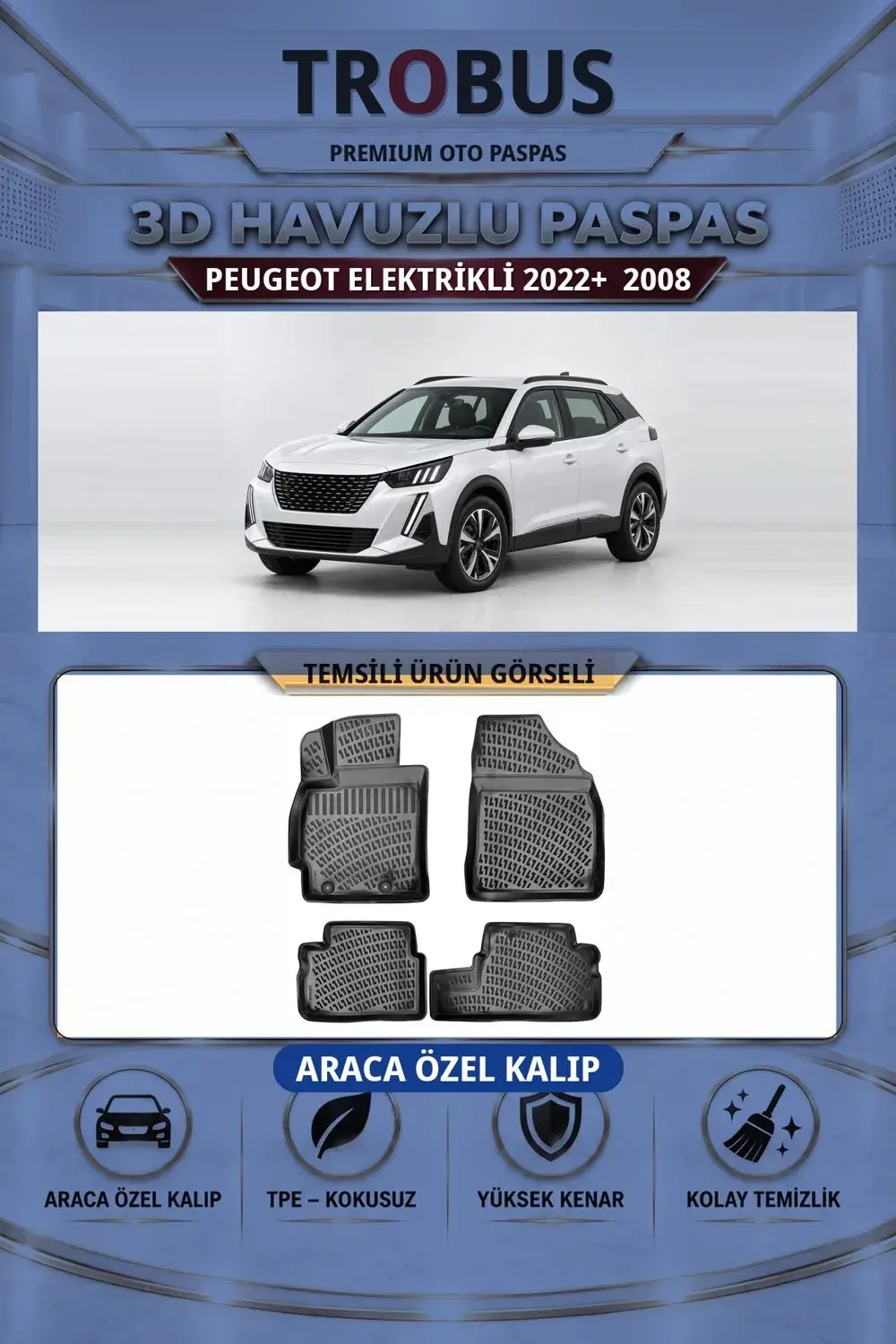 Peugeot 2008 Elektrikli 2022+ Araca Özel 3D Havuzlu Paspas Siyah - İtibar