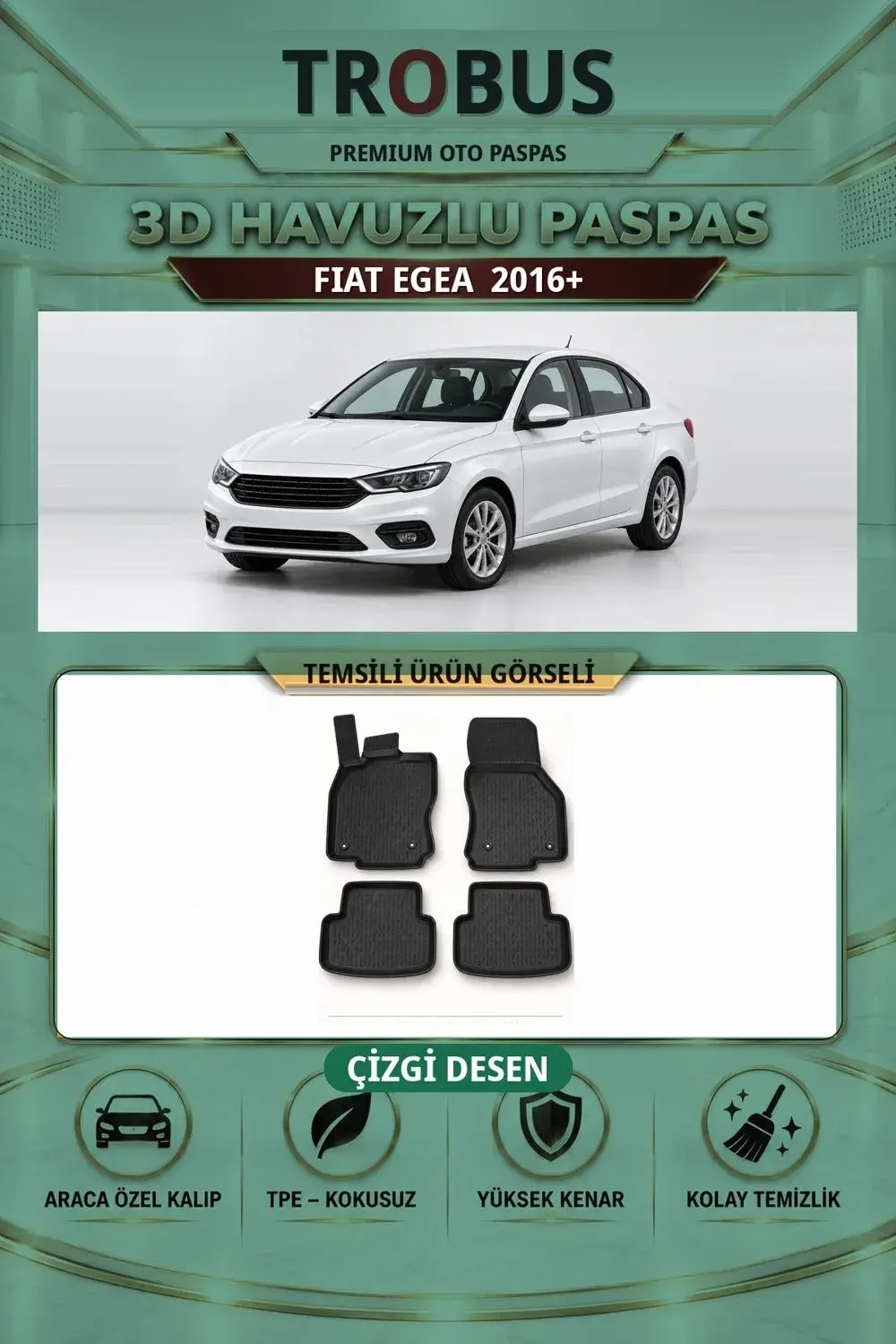 Fiat Egea 2016+ Çizgi Desen 3D Havuzlu Paspas Takımı