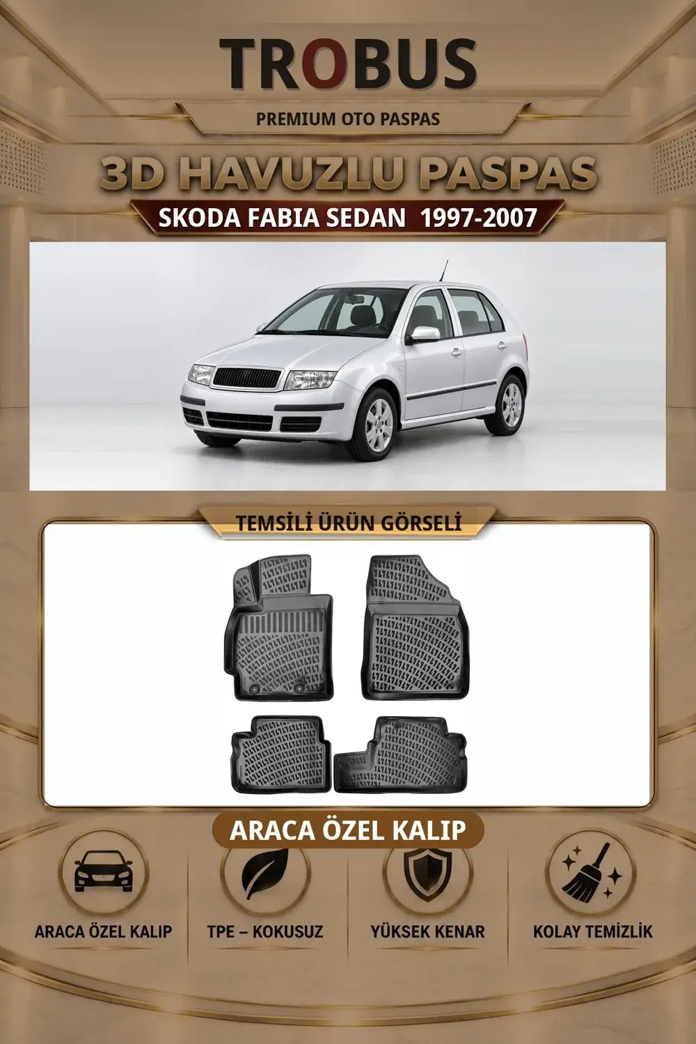 Skoda Fabia 1997-2007 Sedan Araca Özel 3D Havuzlu Paspas Siyah - Sahler