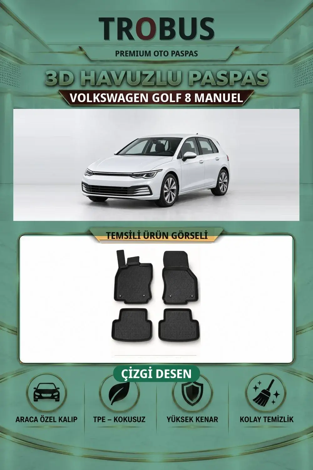 Volkswagen Golf 8 Manuel Çizgi Desen 3D Havuzlu Paspas Takımı
