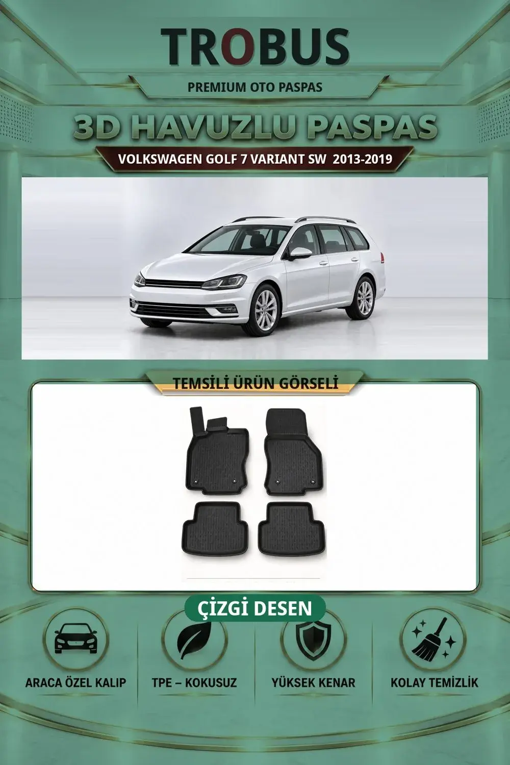 Volkswagen Golf 7 Variant SW 2013-2019 Çizgi Desen 3D Havuzlu Paspas Takımı