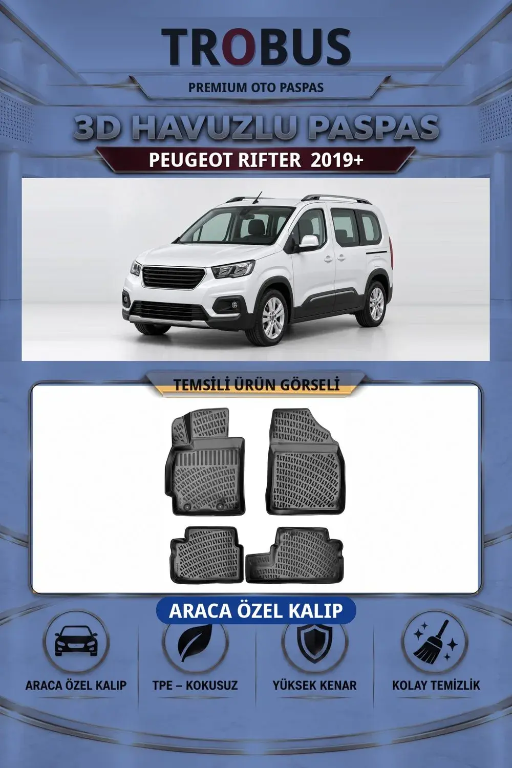 Peugeot Rifter 2019+ Araca Özel 3D Havuzlu Paspas Siyah - İtibar