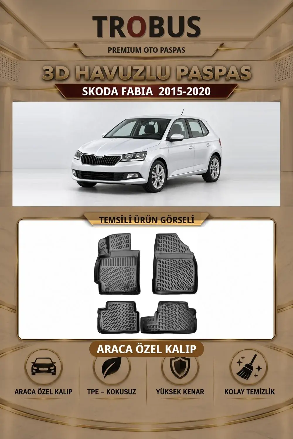 Skoda Fabia 2015-2020 Araca Özel 3D Havuzlu Paspas Siyah - Sahler
