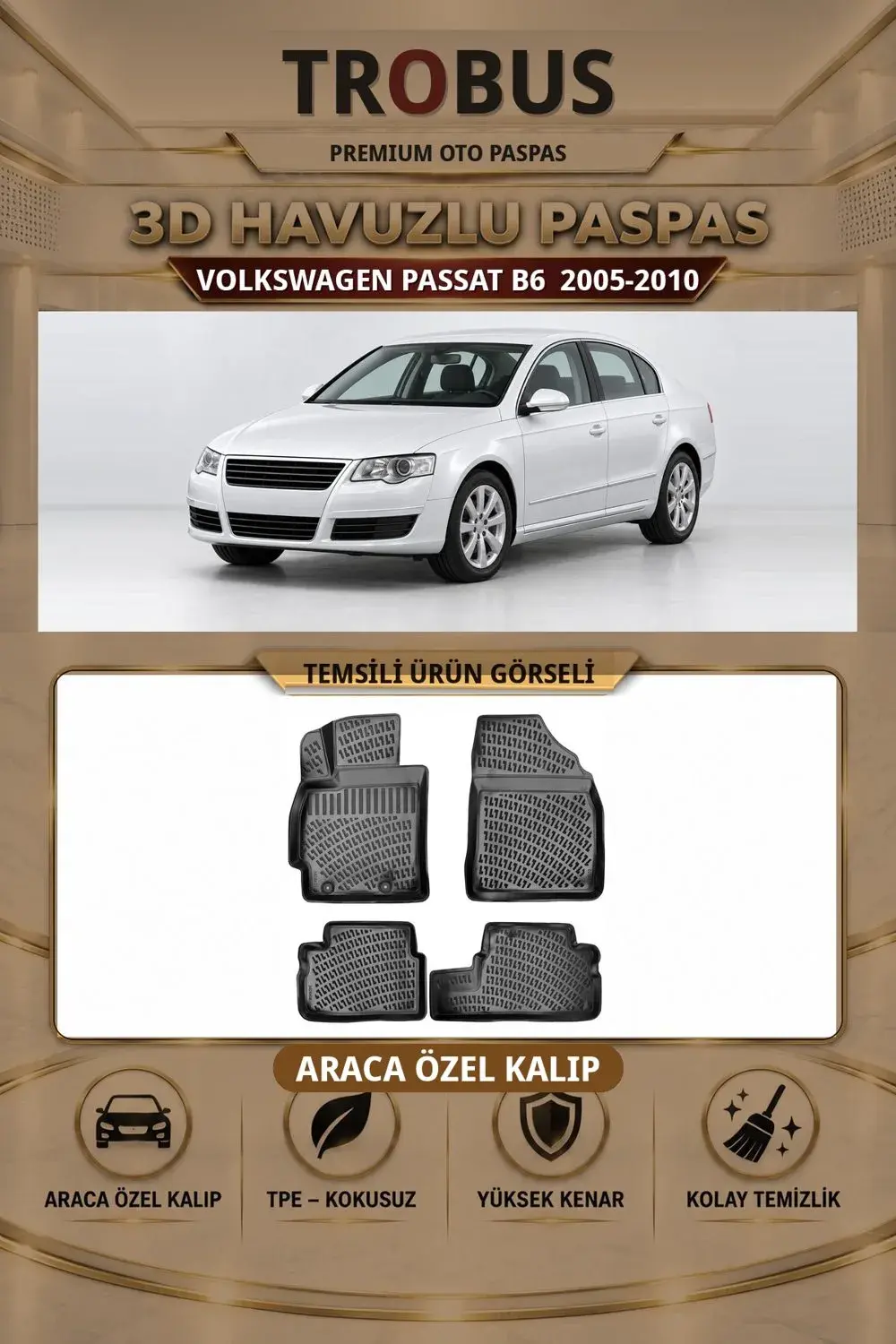 Volkswagen Passat B6 2005-2010 Araca Özel 3D Havuzlu Paspas Siyah - Sahler