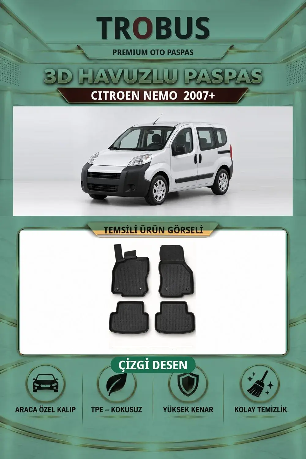 Citroen Nemo 2007+ Çizgi Desen 3D Havuzlu Paspas Takımı