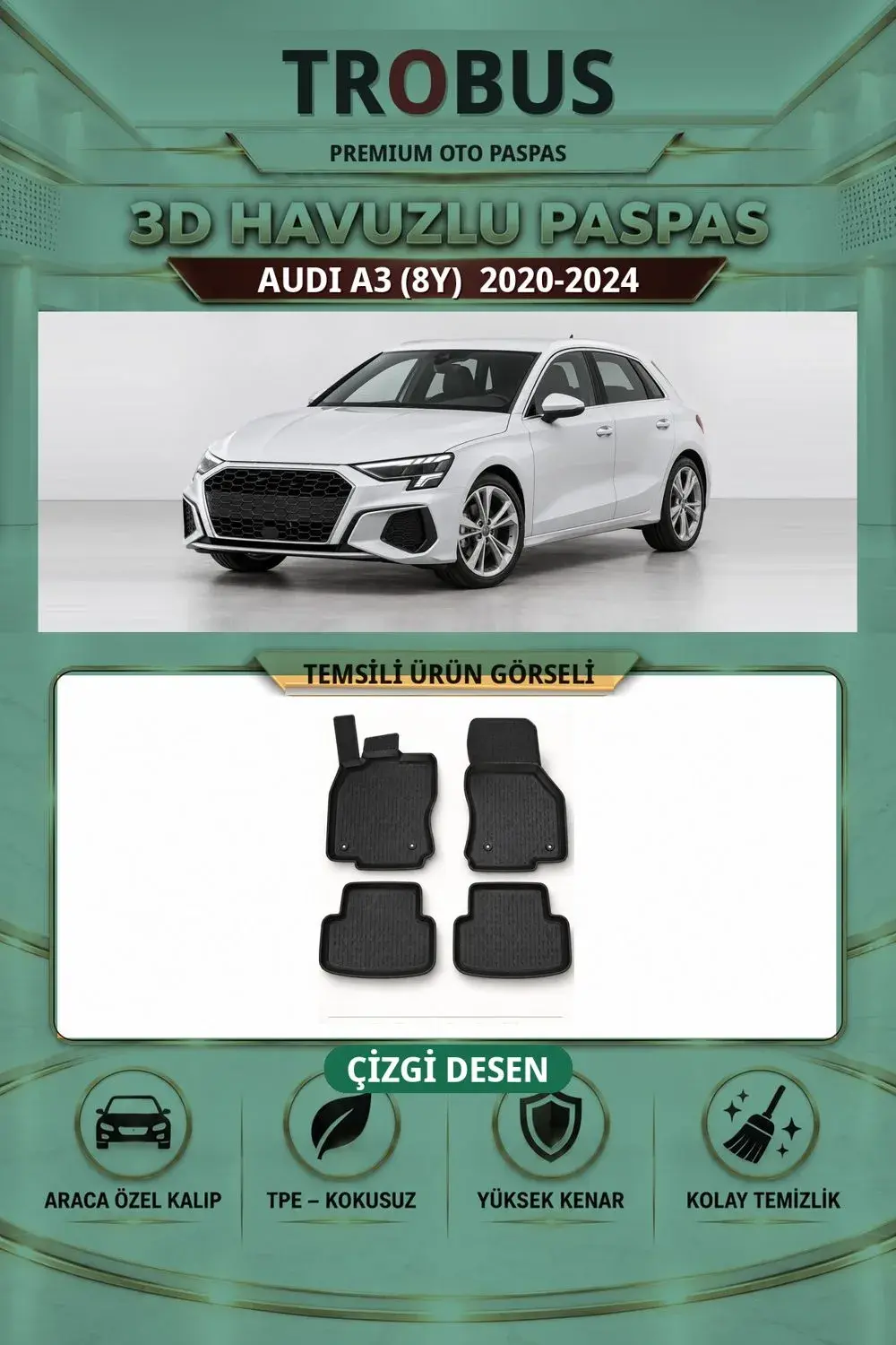 Audi A3 2020-2024 (8Y) Çizgi Desen 3D Havuzlu Paspas Takımı