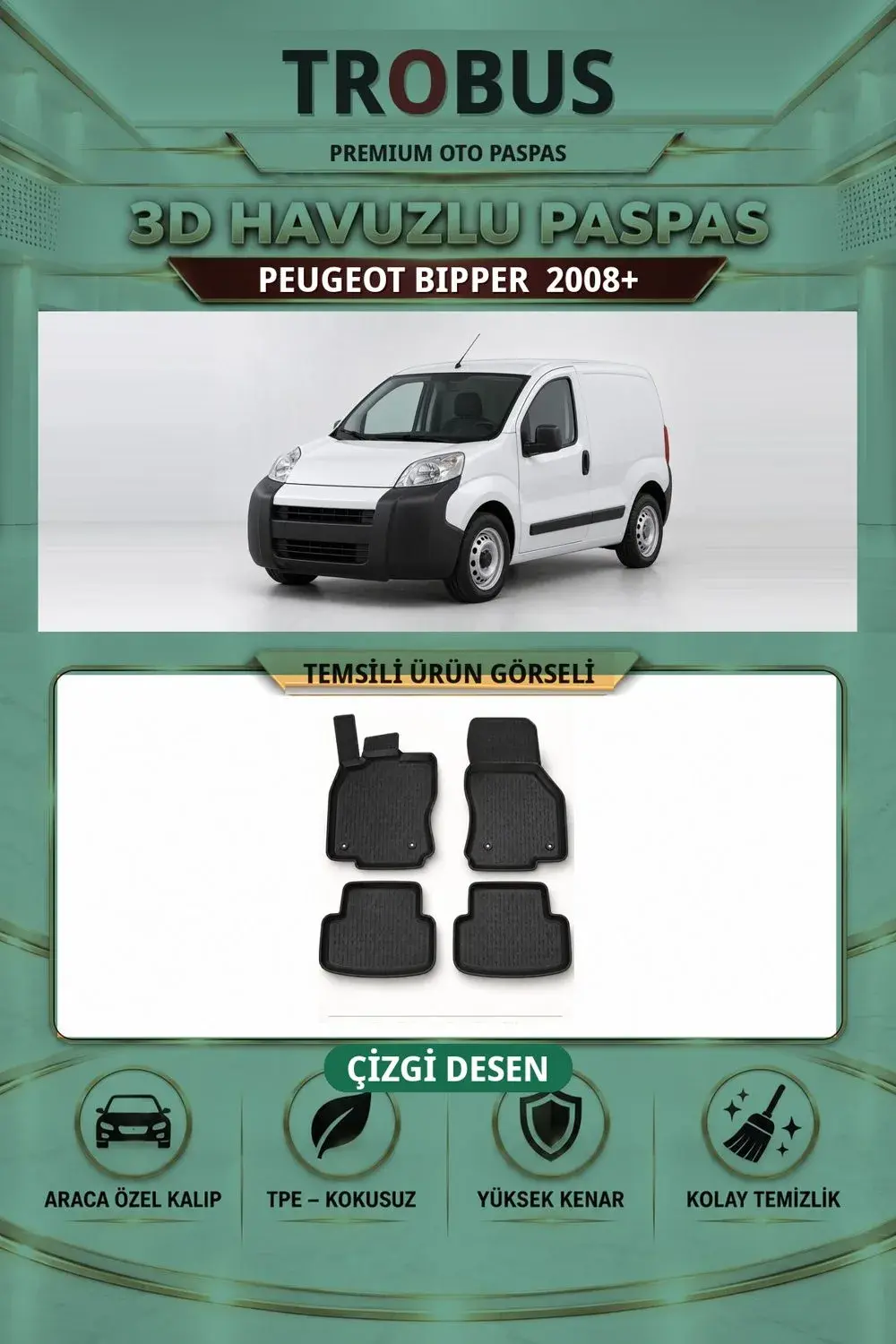 Peugeot Bipper 2008+ Çizgi Desen 3D Havuzlu Paspas Takımı