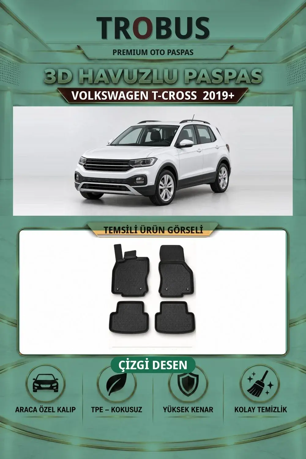Volkswagen T-Cross 2019+ Çizgi Desen 3D Havuzlu Paspas Takımı