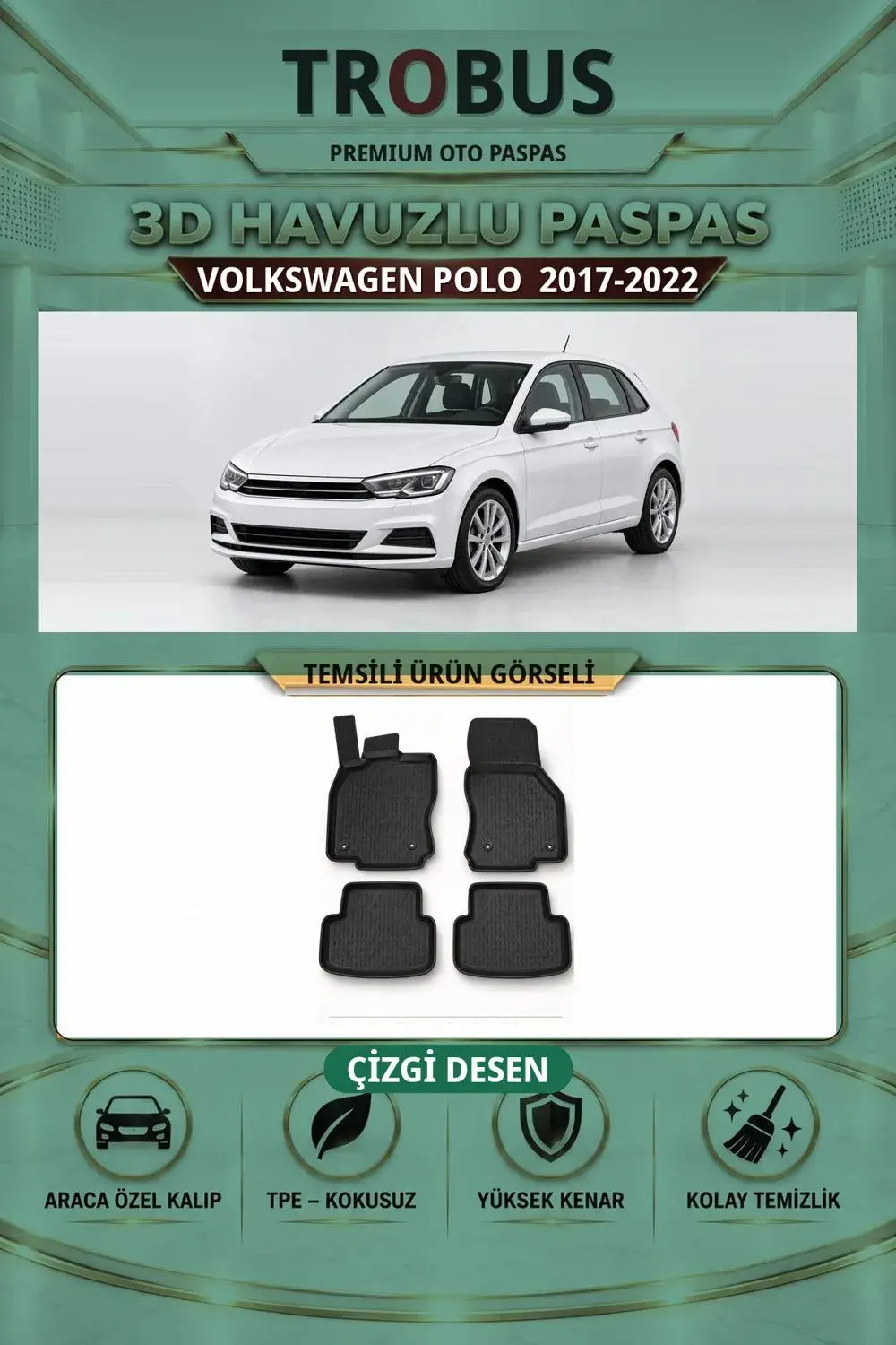 Volkswagen Polo 2017-2022 Çizgi Desen 3D Havuzlu Paspas Takımı