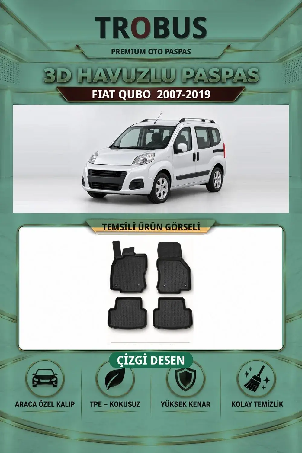 Fiat Qubo 2007-2019 Çizgi Desen 3D Havuzlu Paspas Takımı