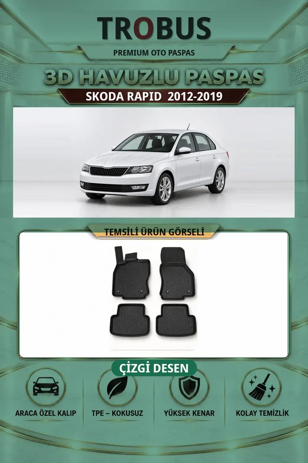 Skoda Rapid 2012-2019 Çizgi Desen 3D Havuzlu Paspas Takımı
