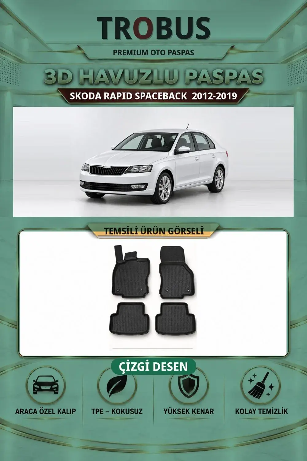 Skoda Rapid Spaceback 2012-2019 Çizgi Desen 3D Havuzlu Paspas Takımı