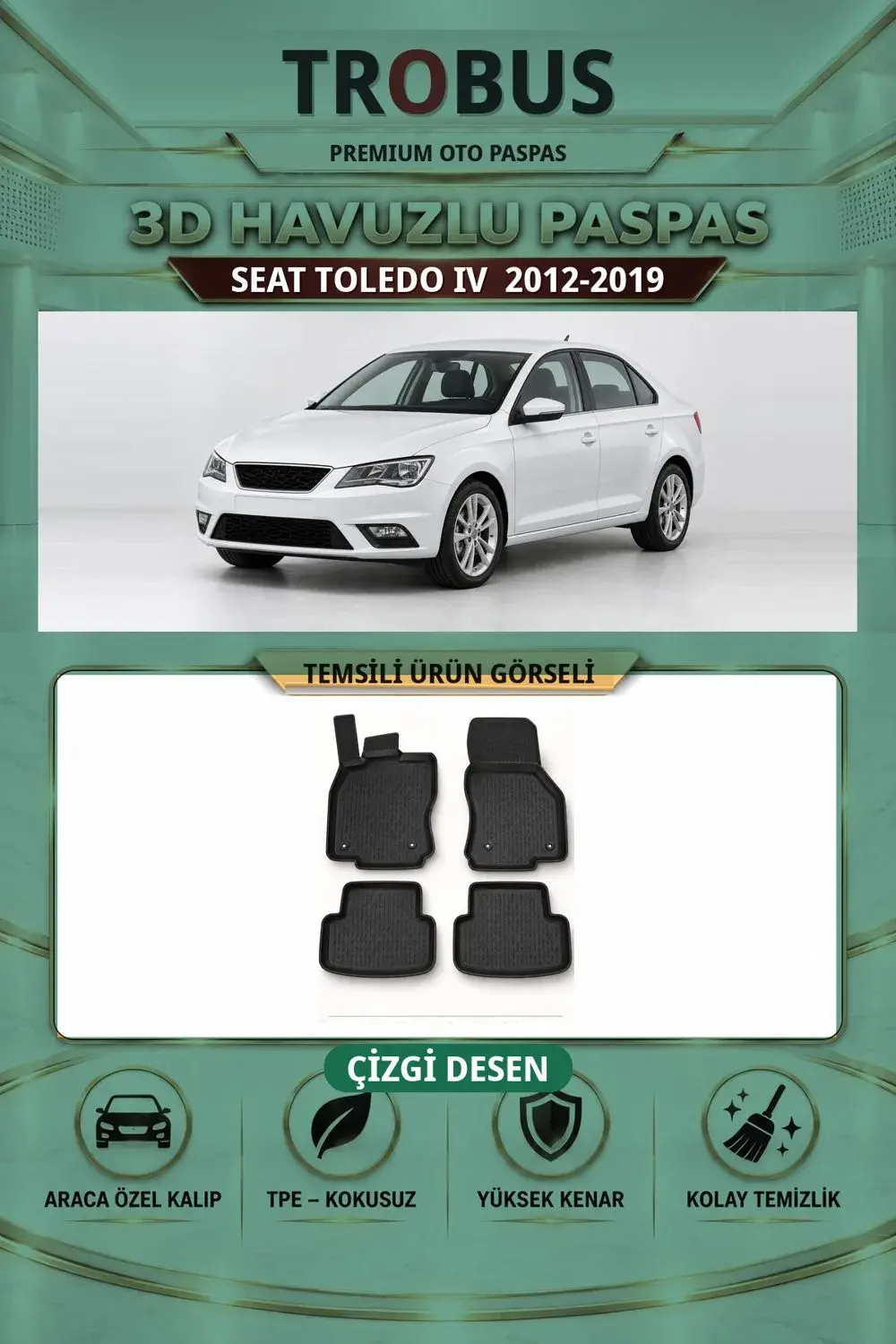 Seat Toledo IV 2012-2019 Çizgi Desen 3D Havuzlu Paspas Takımı