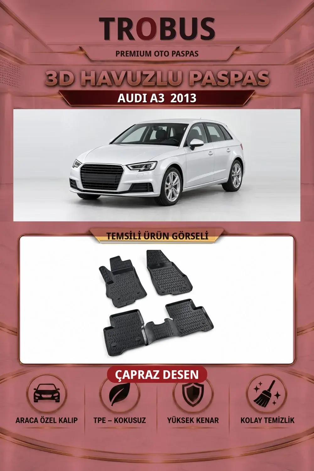 Audi A3 2013 Çapraz Desen 3D Havuzlu Oto Paspas Seti