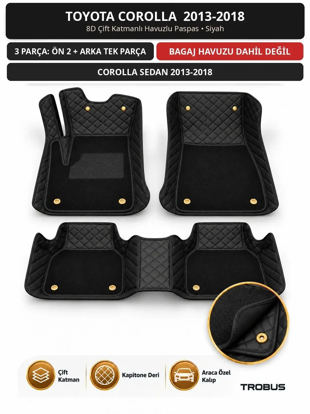 Toyota Corolla 2013-2018 8D Çift Katmanlı Havuzlu Paspas Kapitone Deri Siyah 1