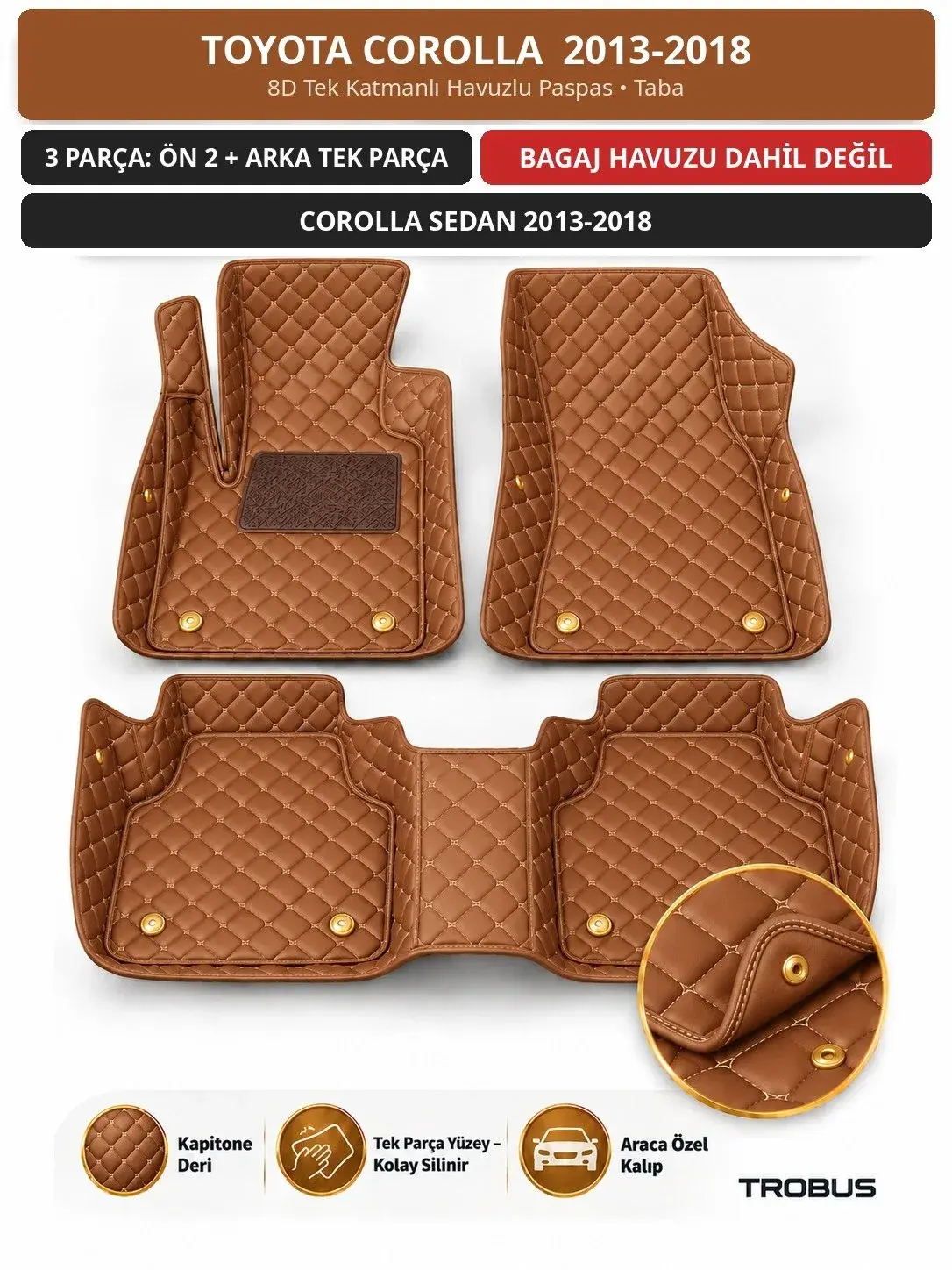 Toyota Corolla 2013-2018 8D Tek Katmanlı Havuzlu Paspas Kapitone Deri Taba 1