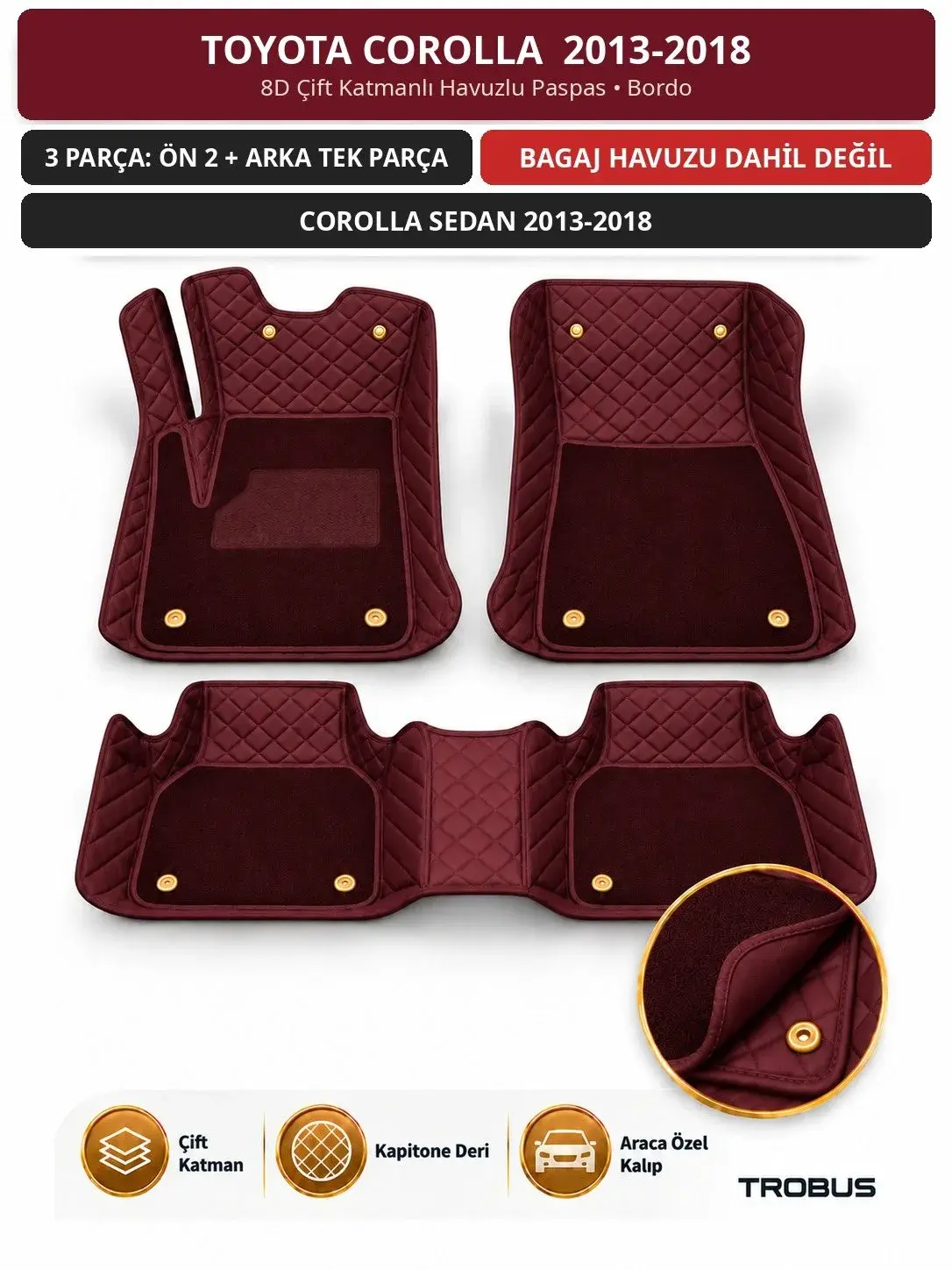 Toyota Corolla 2013-2018 8D Çift Katmanlı Havuzlu Paspas Kapitone Deri Bordo 1