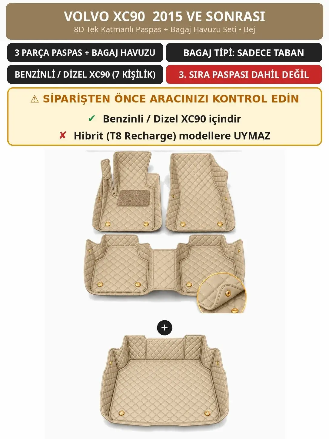 Volvo XC90 2015+ Benzinli/Dizel 8D Tek Katmanlı Paspas + Bagaj Havuzu Seti Bej 1