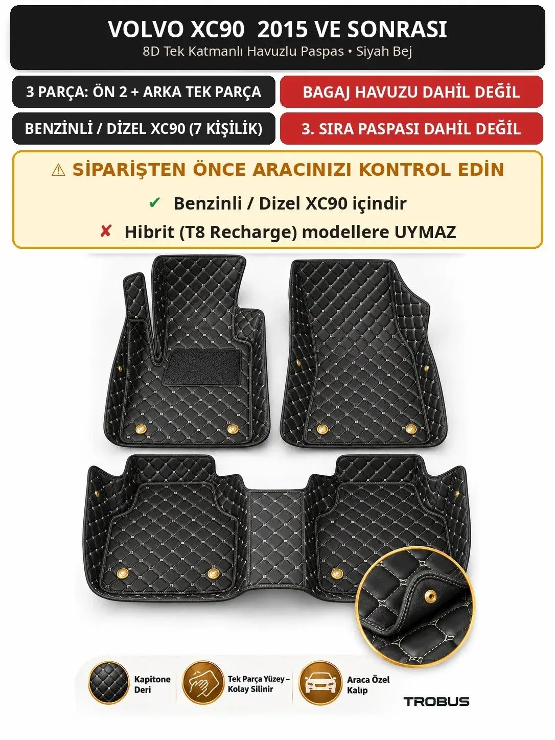 Volvo XC90 2015+ Benzinli/Dizel 8D Tek Katmanlı Havuzlu Paspas Kapitone Deri Siyah Bej 1