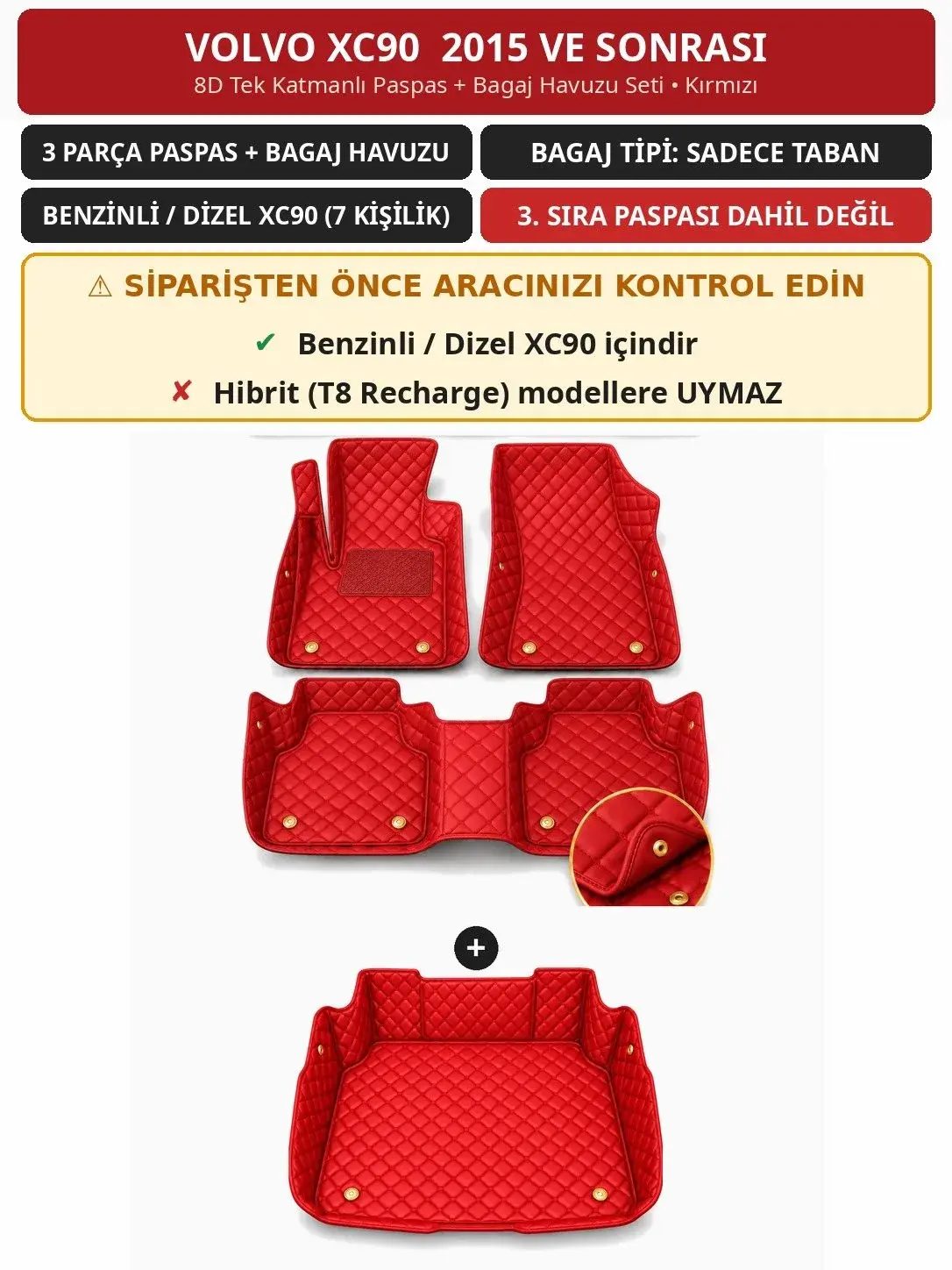 Volvo XC90 2015+ Benzinli/Dizel 8D Tek Katmanlı Paspas + Bagaj Havuzu Seti Kırmızı 1