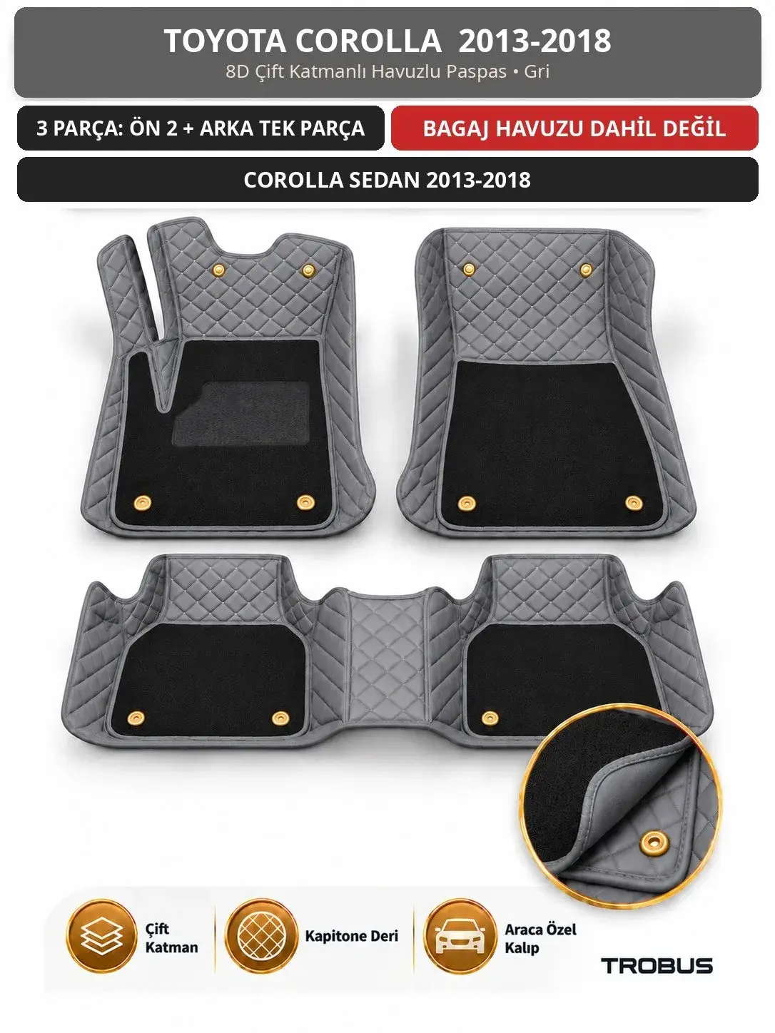Toyota Corolla 2013-2018 8D Çift Katmanlı Havuzlu Paspas Kapitone Deri Gri 1