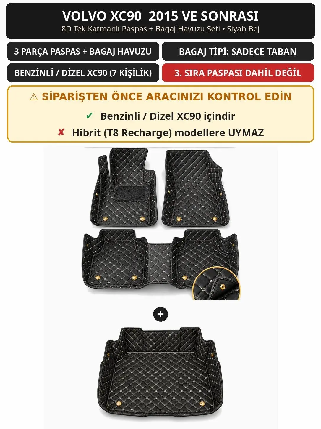 Volvo XC90 2015+ Benzinli/Dizel 8D Tek Katmanlı Paspas + Bagaj Havuzu Seti Siyah Bej 1