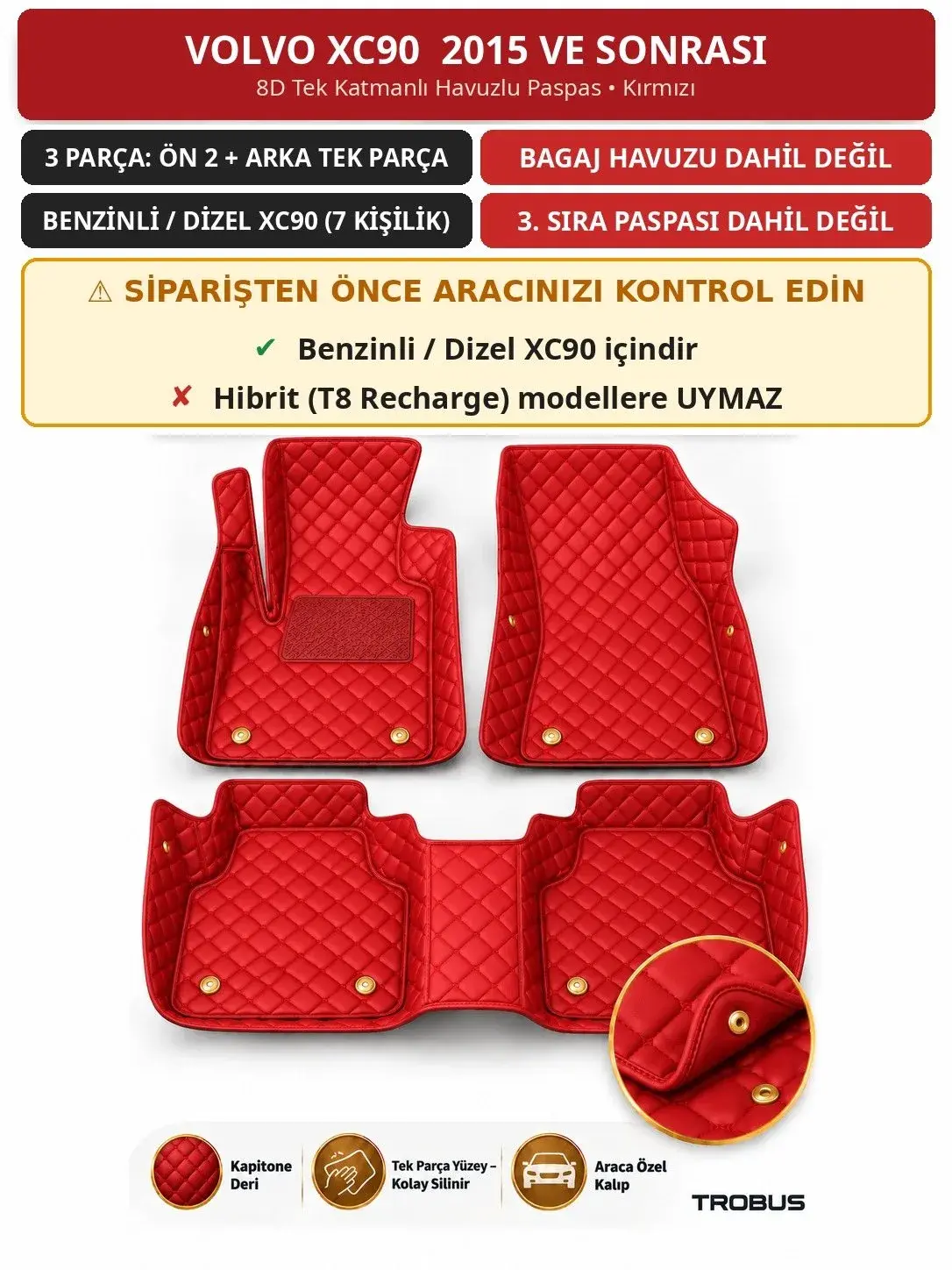 Volvo XC90 2015+ Benzinli/Dizel 8D Tek Katmanlı Havuzlu Paspas Kapitone Deri Kırmızı 1