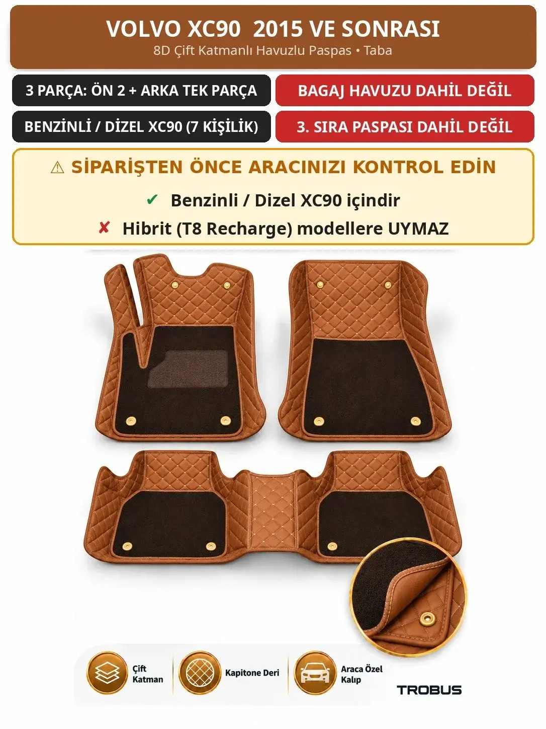 Volvo XC90 2015+ Benzinli/Dizel 8D Çift Katmanlı Havuzlu Paspas Kapitone Deri Taba 1