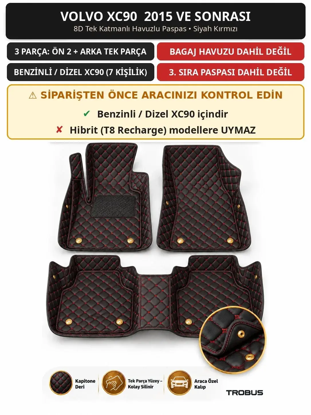 Volvo XC90 2015+ Benzinli/Dizel 8D Tek Katmanlı Havuzlu Paspas Kapitone Deri Siyah Kırmızı 1