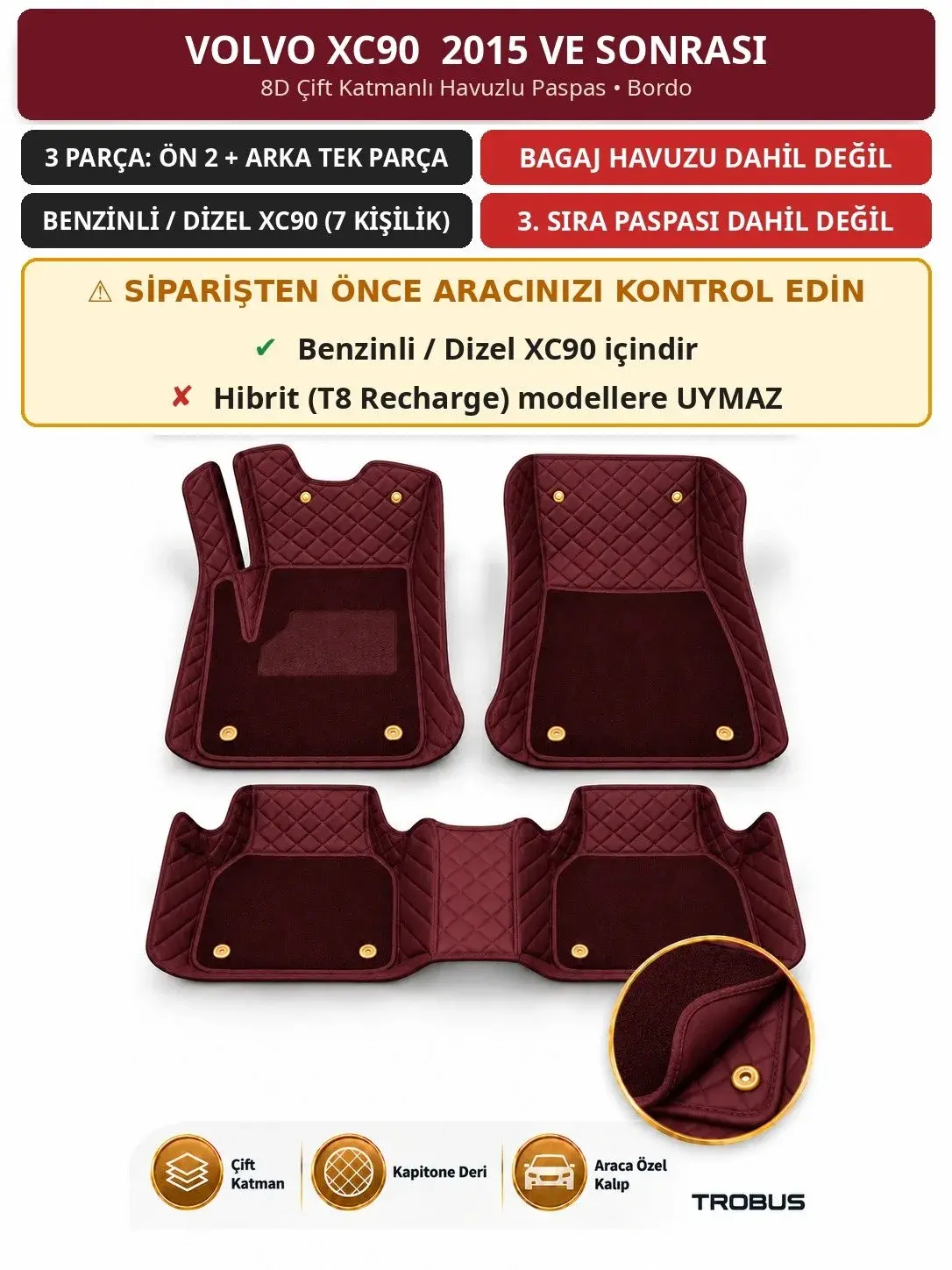 Volvo XC90 2015+ Benzinli/Dizel 8D Çift Katmanlı Havuzlu Paspas Kapitone Deri Bordo 1