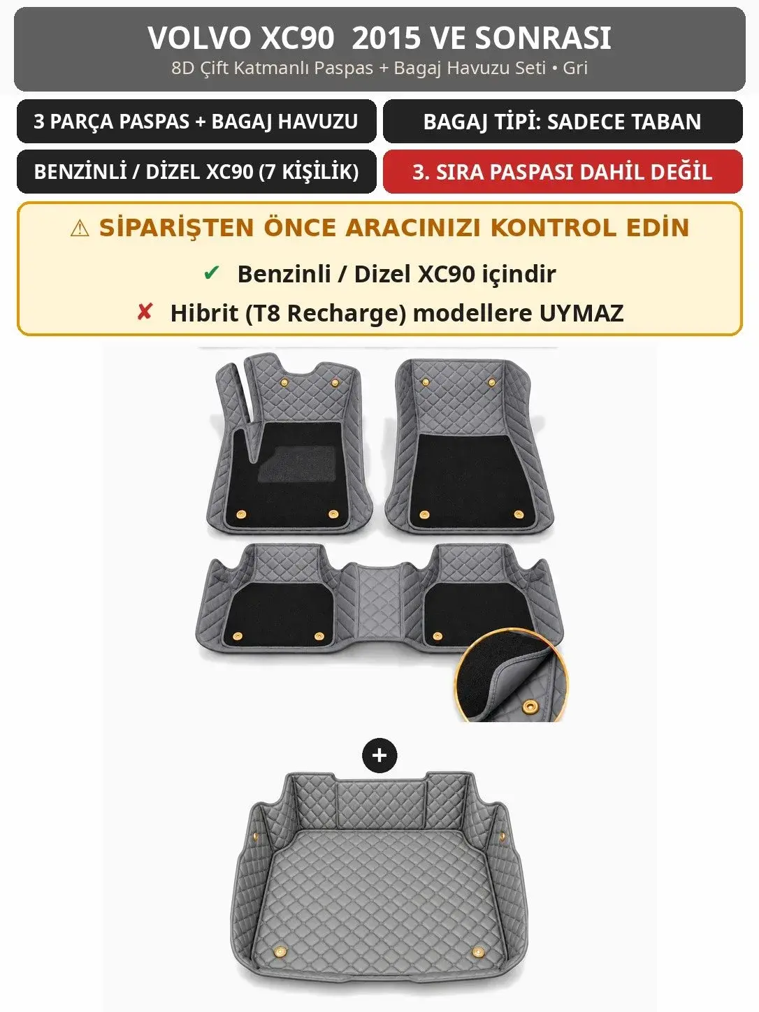 Volvo XC90 2015+ Benzinli/Dizel 8D Çift Katmanlı Paspas + Bagaj Havuzu Seti Gri 1