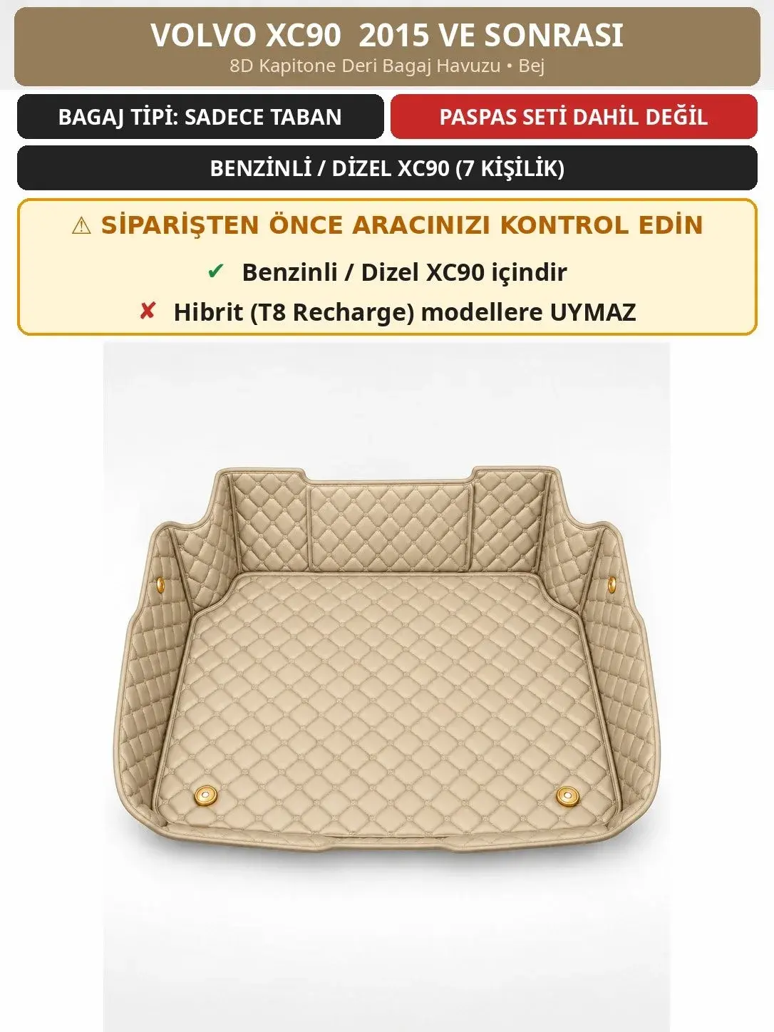 Volvo XC90 2015+ Benzinli/Dizel 8D Kapitone Deri Bagaj Havuzu Bej 1