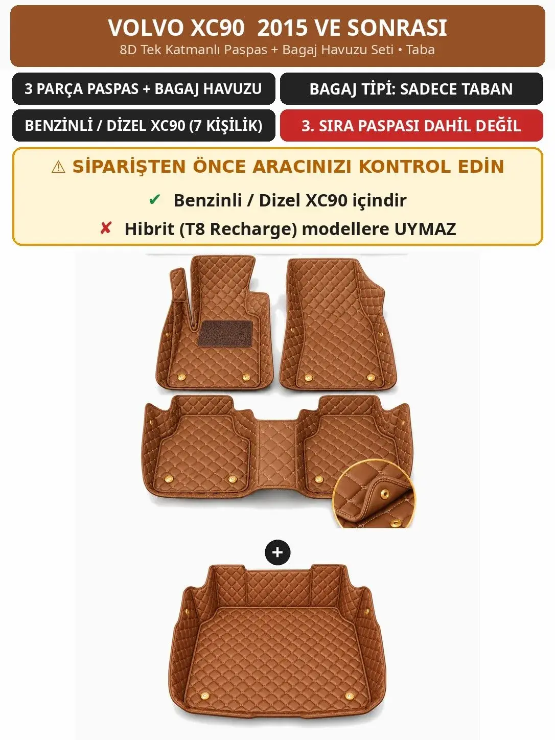 Volvo XC90 2015+ Benzinli/Dizel 8D Tek Katmanlı Paspas + Bagaj Havuzu Seti Taba 1