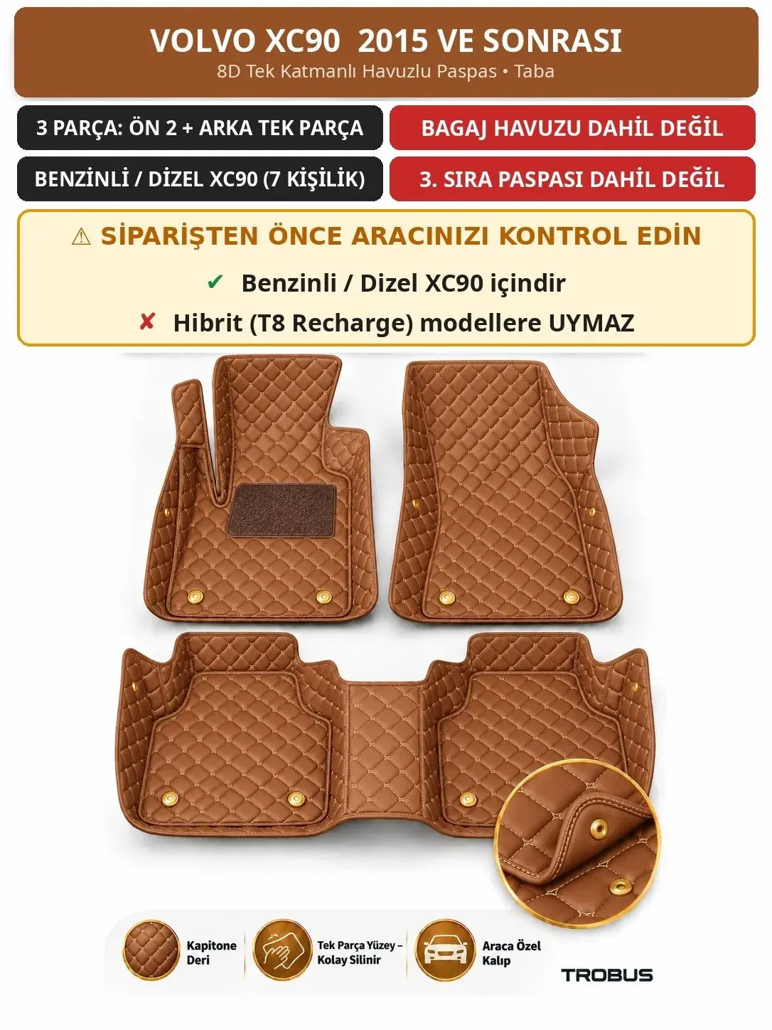 Volvo XC90 2015+ Benzinli/Dizel 8D Tek Katmanlı Havuzlu Paspas Kapitone Deri Taba 1