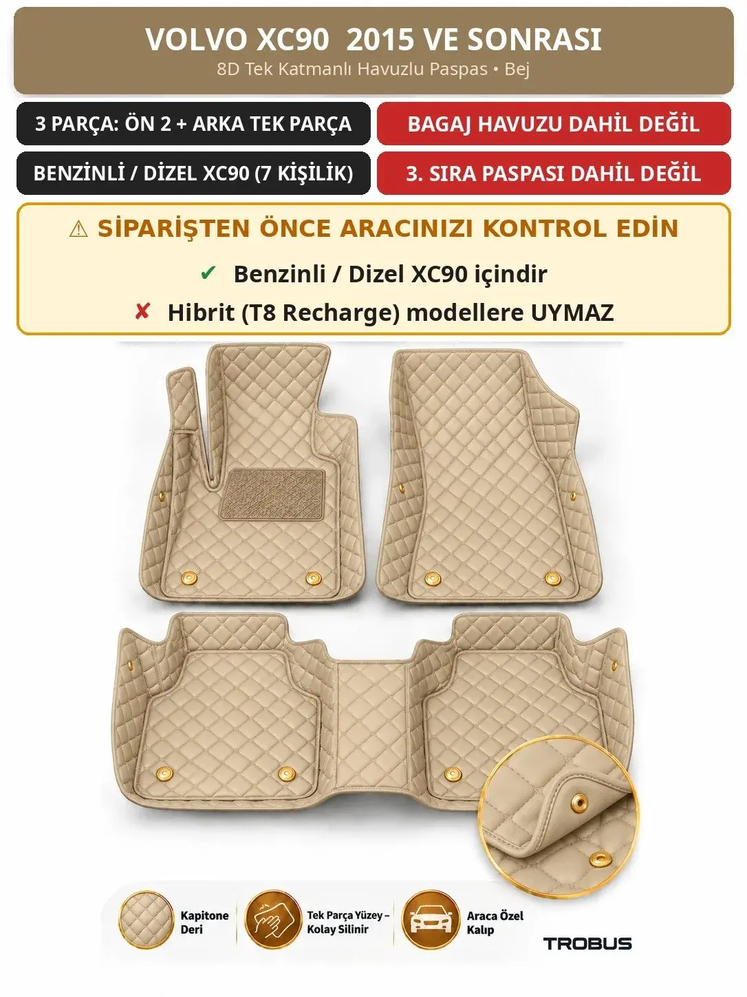 Volvo XC90 2015+ Benzinli/Dizel 8D Tek Katmanlı Havuzlu Paspas Kapitone Deri Bej 1
