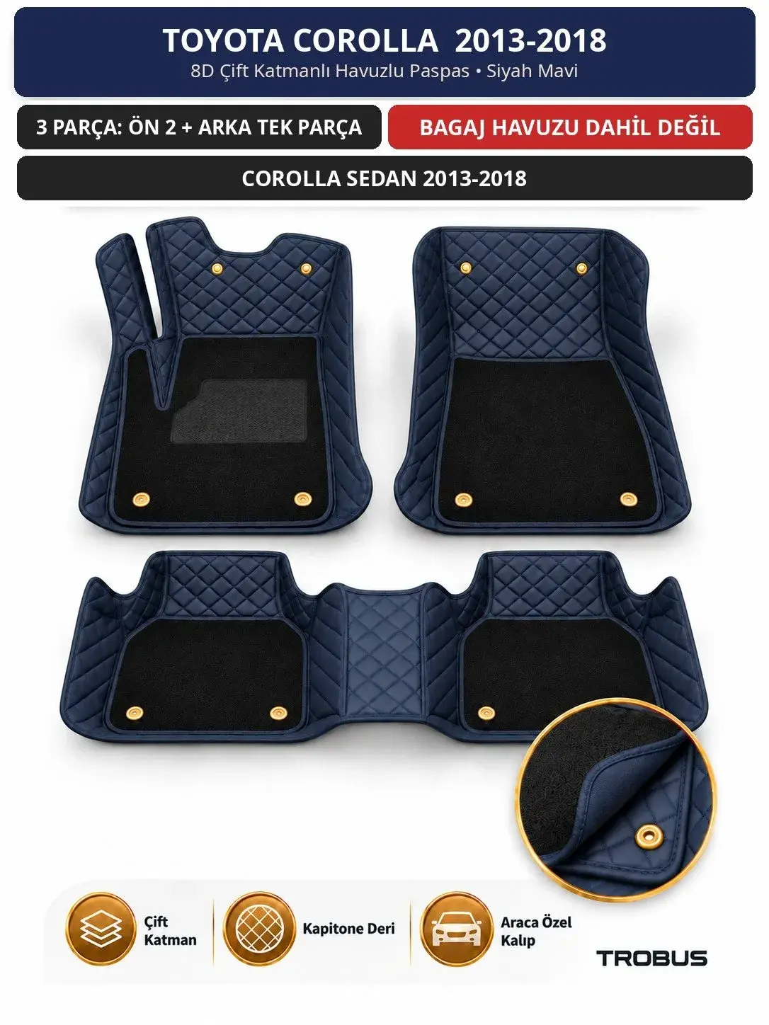 Toyota Corolla 2013-2018 8D Çift Katmanlı Havuzlu Paspas Kapitone Deri Siyah Mavi 1