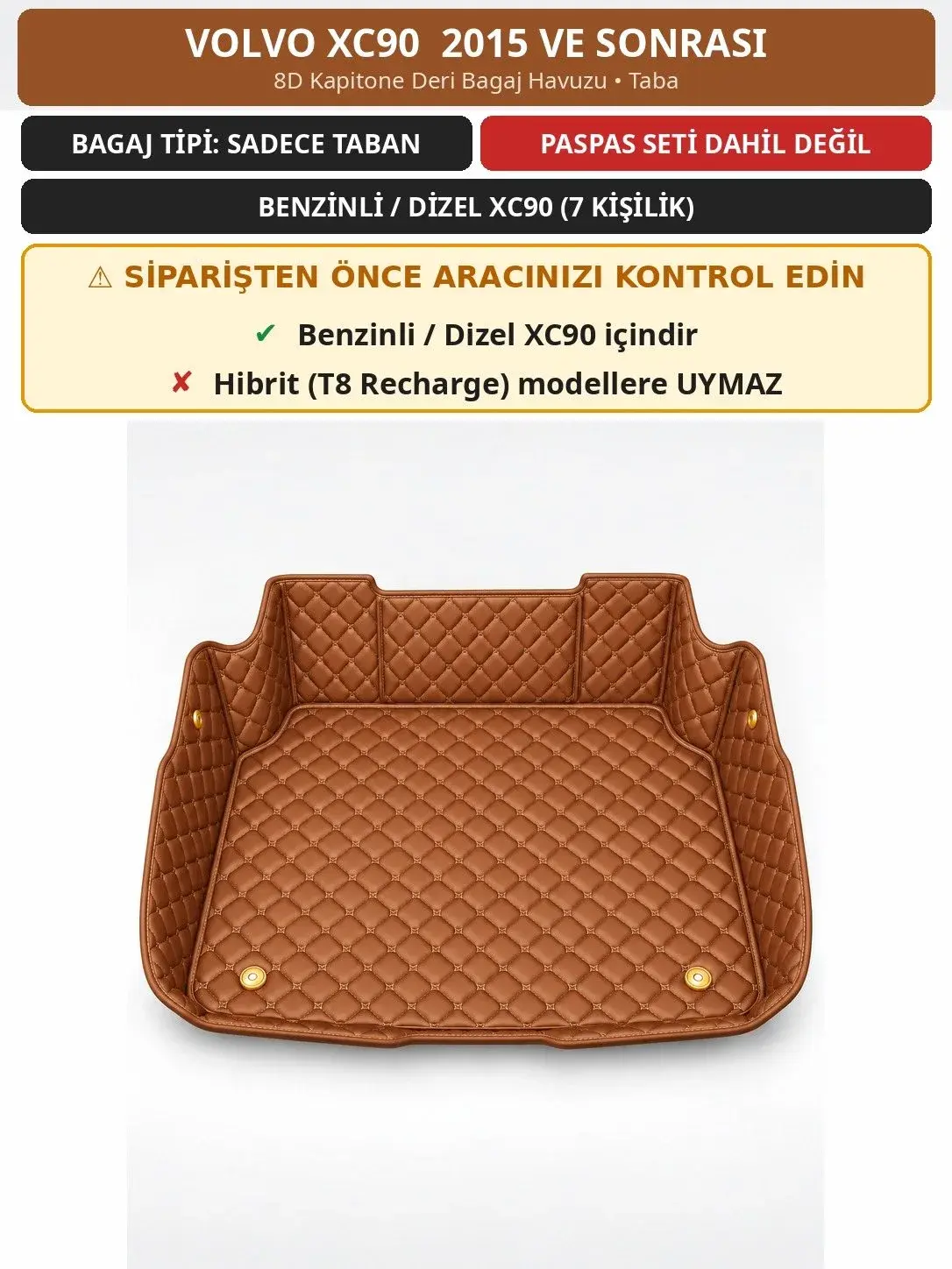 Volvo XC90 2015+ Benzinli/Dizel 8D Kapitone Deri Bagaj Havuzu Taba 1