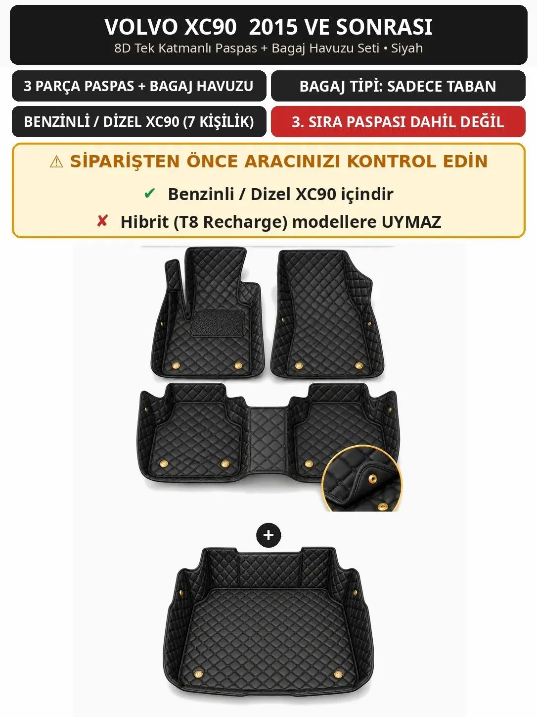 Volvo XC90 2015+ Benzinli/Dizel 8D Tek Katmanlı Paspas + Bagaj Havuzu Seti Siyah 1