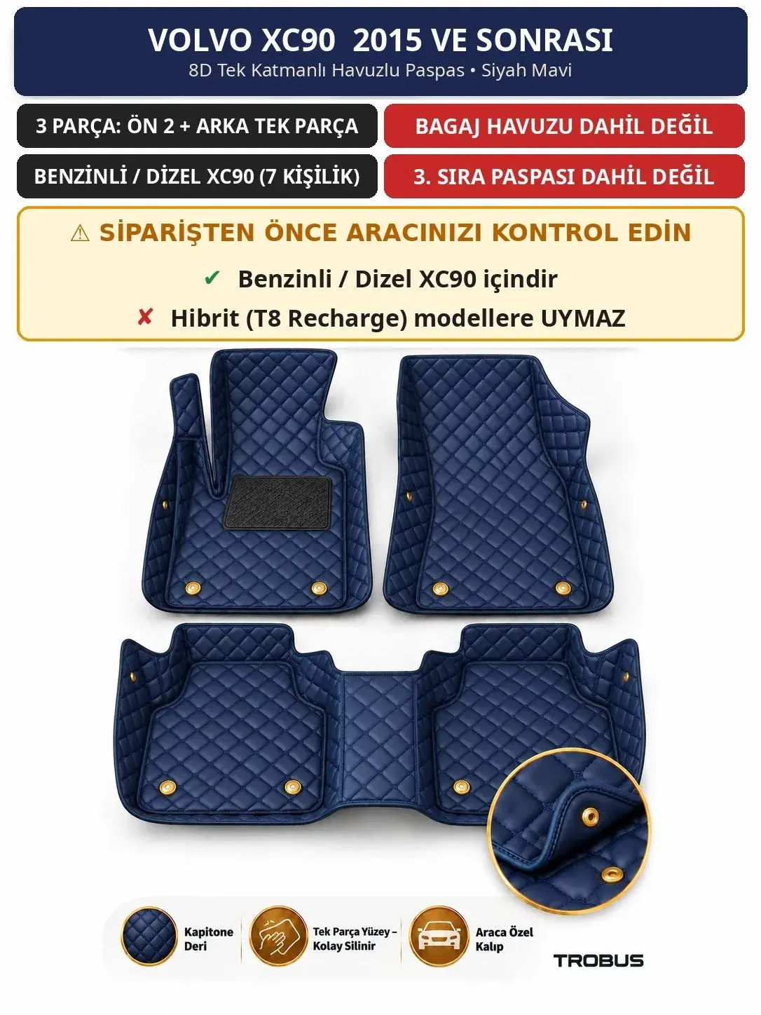 Volvo XC90 2015+ Benzinli/Dizel 8D Tek Katmanlı Havuzlu Paspas Kapitone Deri Siyah Mavi 1