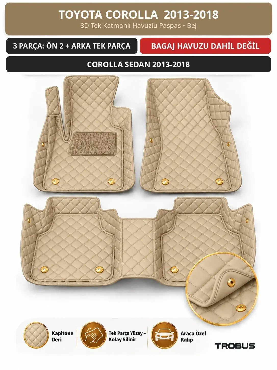 Toyota Corolla 2013-2018 8D Tek Katmanlı Havuzlu Paspas Kapitone Deri Bej 1