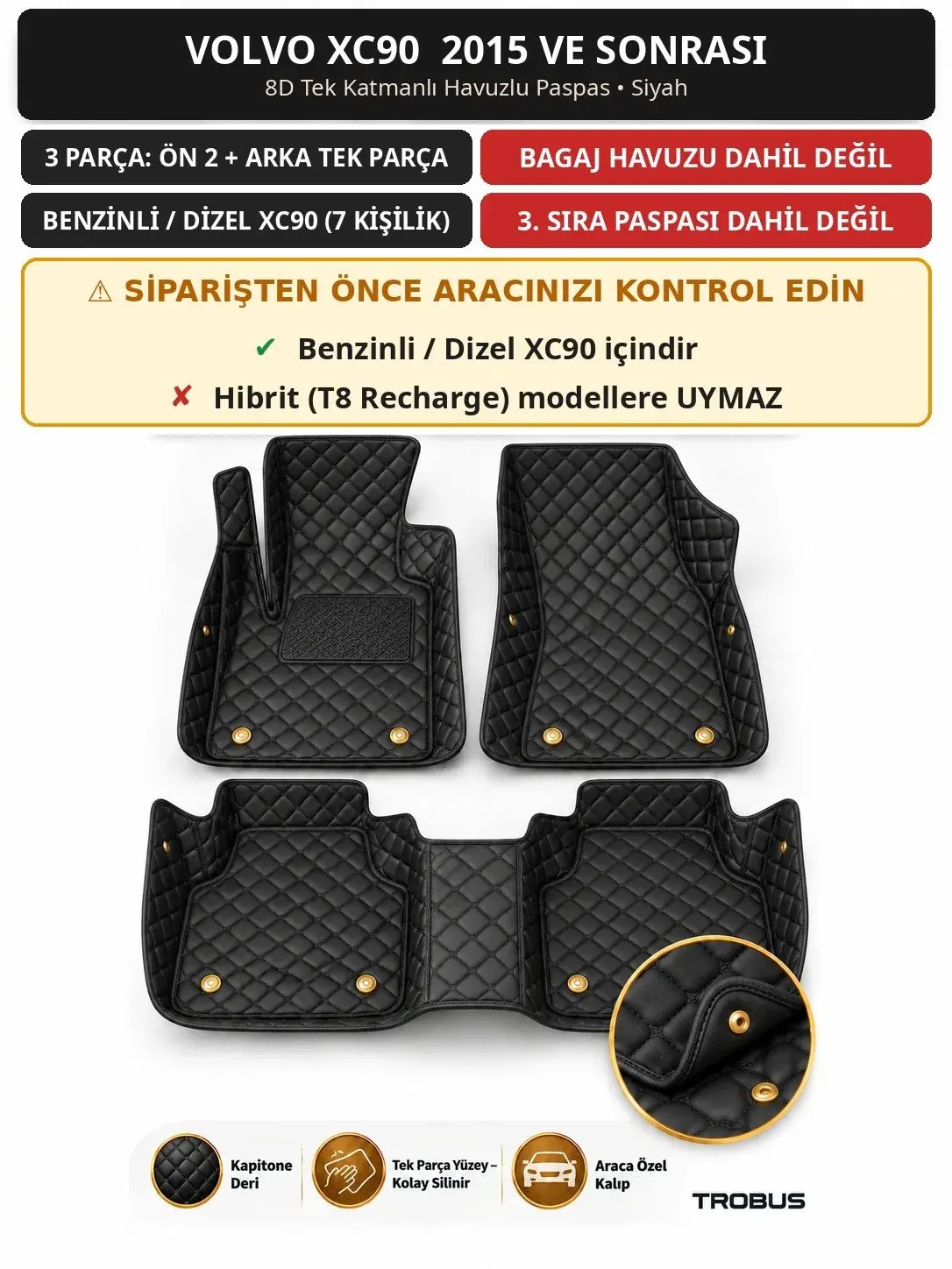 Volvo XC90 2015+ Benzinli/Dizel 8D Tek Katmanlı Havuzlu Paspas Kapitone Deri Siyah 1